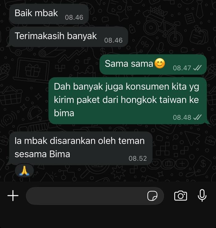 Chat WhatsApp pelanggan Raja Grosir Cargo yang tahu dari rekomendasi teman sesama orang Bima