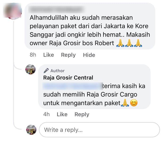 Komentar Facebook pelanggan Raja Grosir Cargo, kiriman paket Jakarta ke Kore Sanggar Bima lebih hemat ongkir, nama pengulas disensor